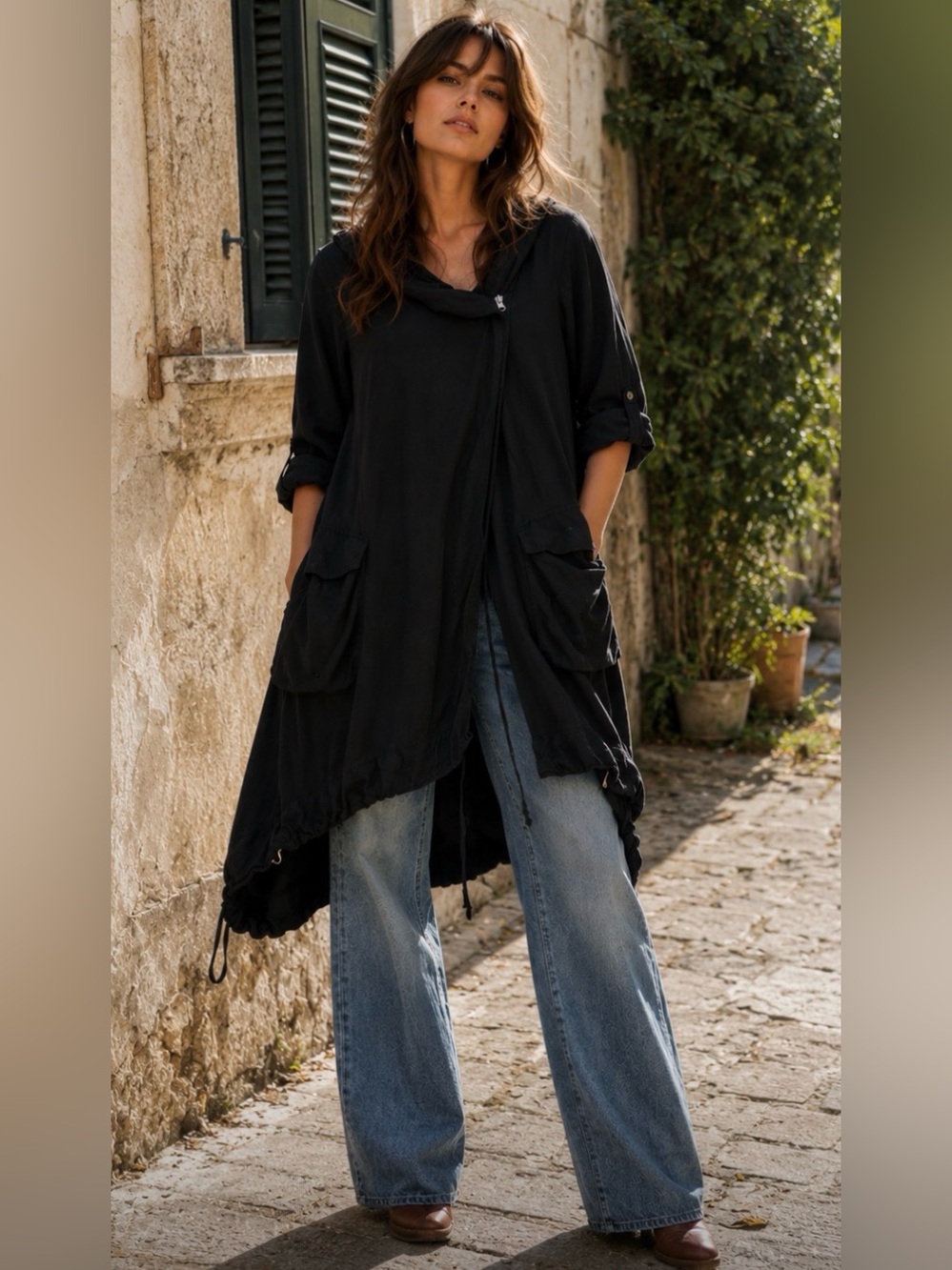 Vera Wang Princess draped lightweight Hooded Utility Jacket with Front Pockets